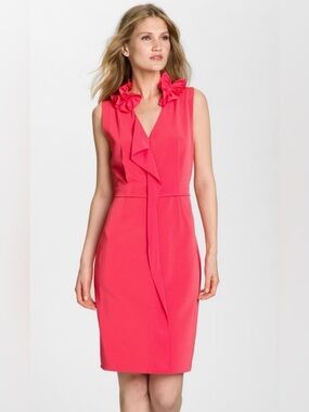 Elie Tahari Cotton Coral Pink Ruffle-Neck Sleeveless Midi Sheath Dress Size 10